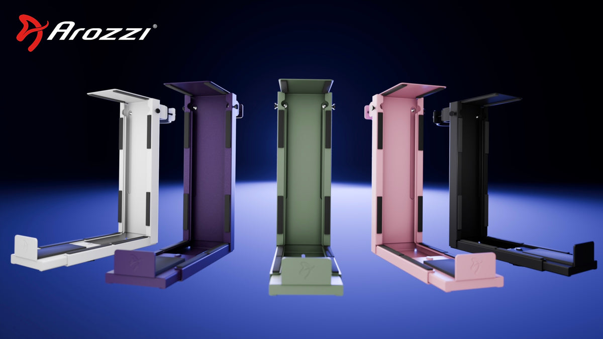 Five headset stands in white, purple, green, pink, and black on a blue background.