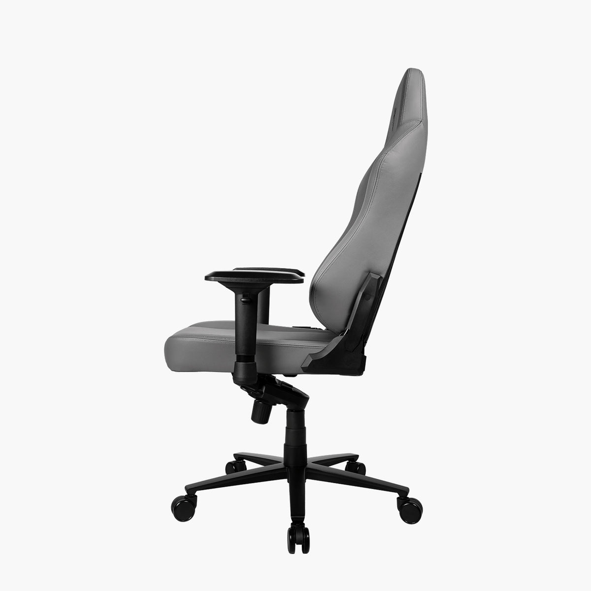 Arozzi Europe Primo full premium leather chair, side view with armrest and wheels, white backdrop.