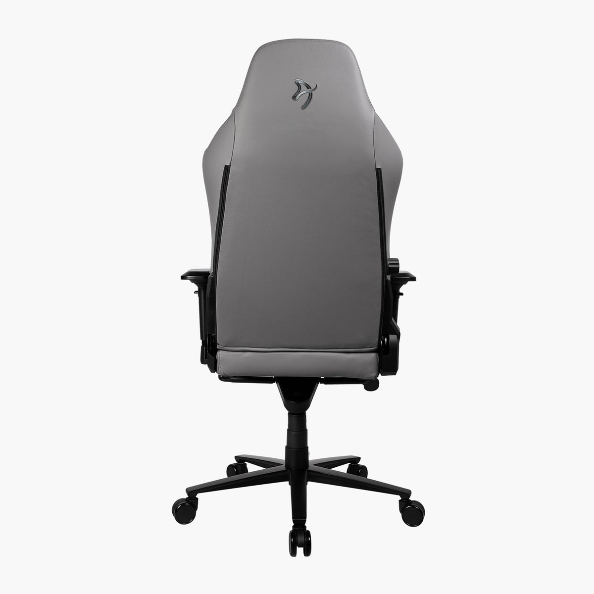 Arozzi Europe Primo Full Premium Leather chair, gray with black frame, back view on white.