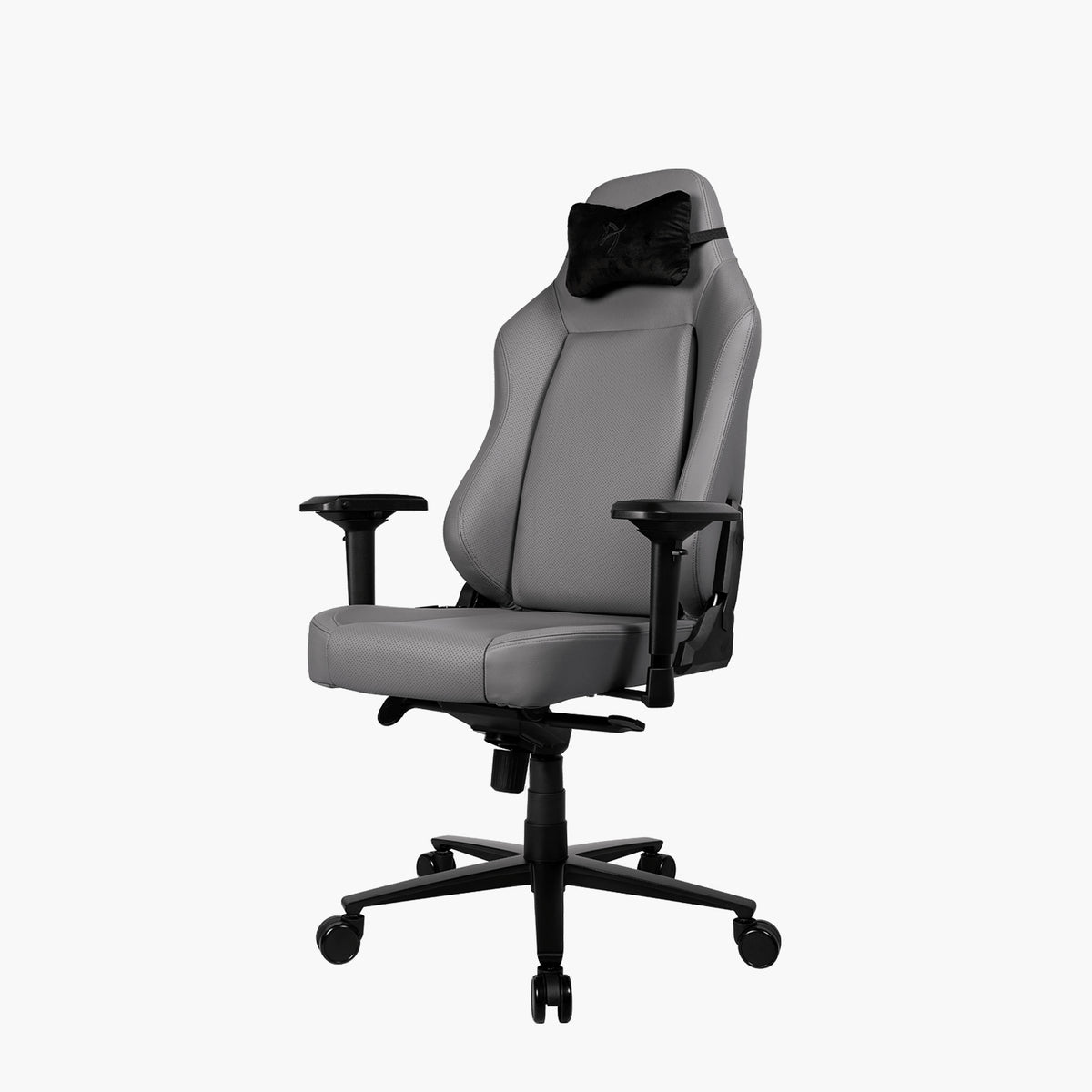 Arozzi Europe Primo full premium leather chair with headrest, gray, on wheels, white background.