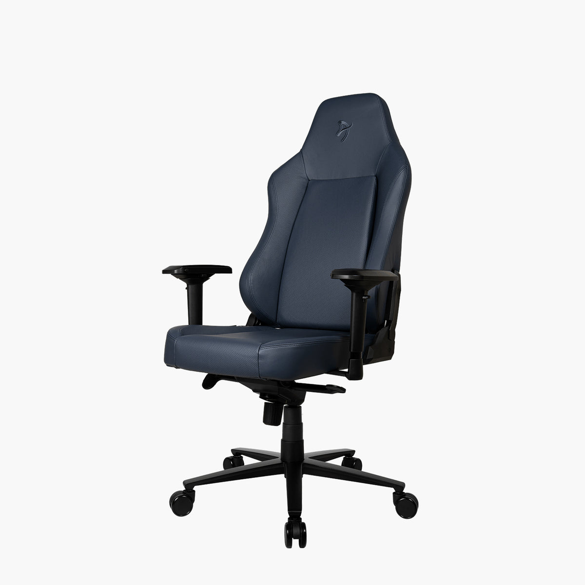 Primo Full Premium Leather chair by Arozzi Europe, dark blue, ergonomic with armrests and wheels.