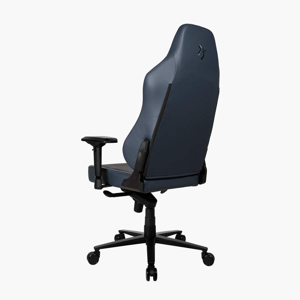 Arozzi Europe Primo ergonomic leather chair, black armrests & wheels, rear view.