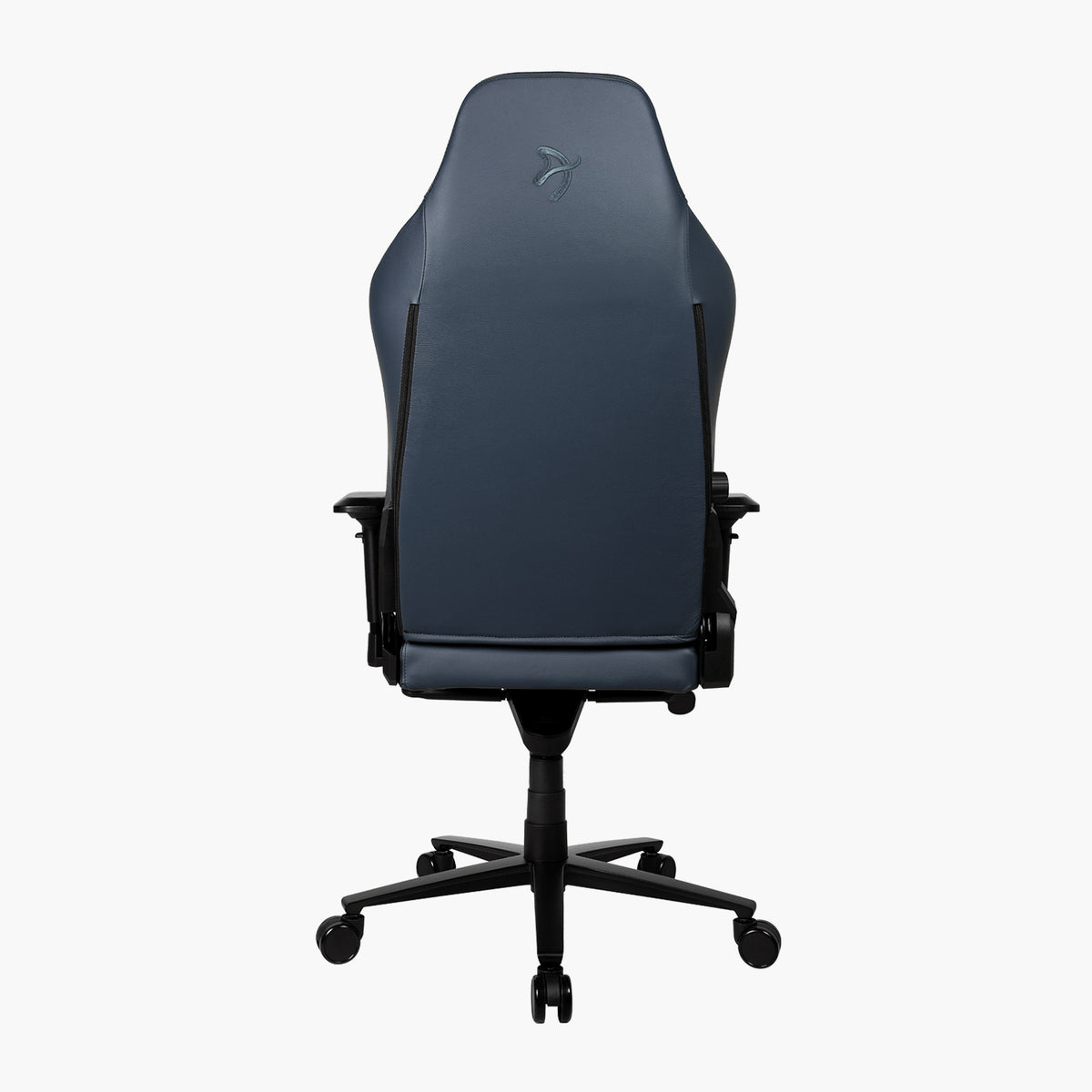 Arozzi Primo Full Premium Leather chair, dark blue, black arms, 5-wheel base, rear view.