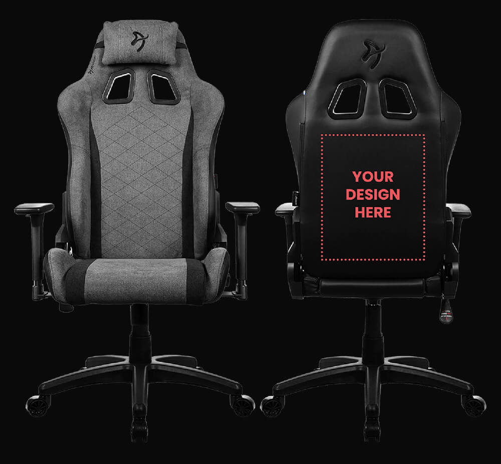 Front and back view of a black gaming chair with customizable design space on the back.