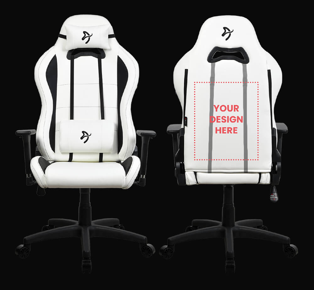 White gaming chair, front and back views, with Your Design Here text on the backrest.