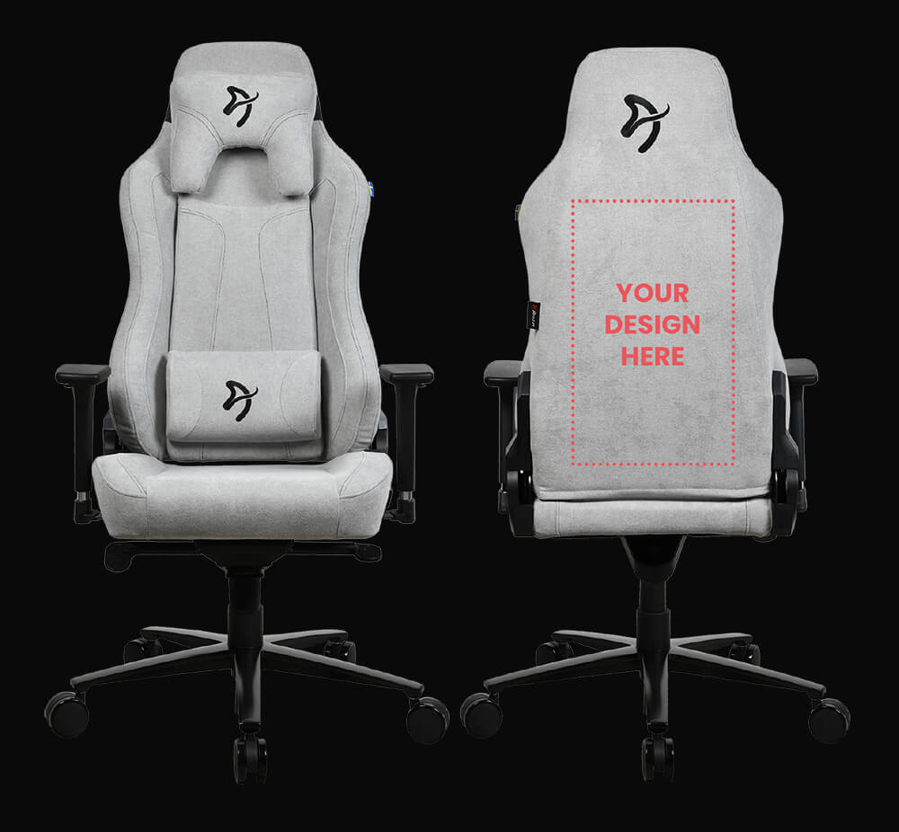 Front and back view of a gray gaming chair with customizable design area on the backrest.
