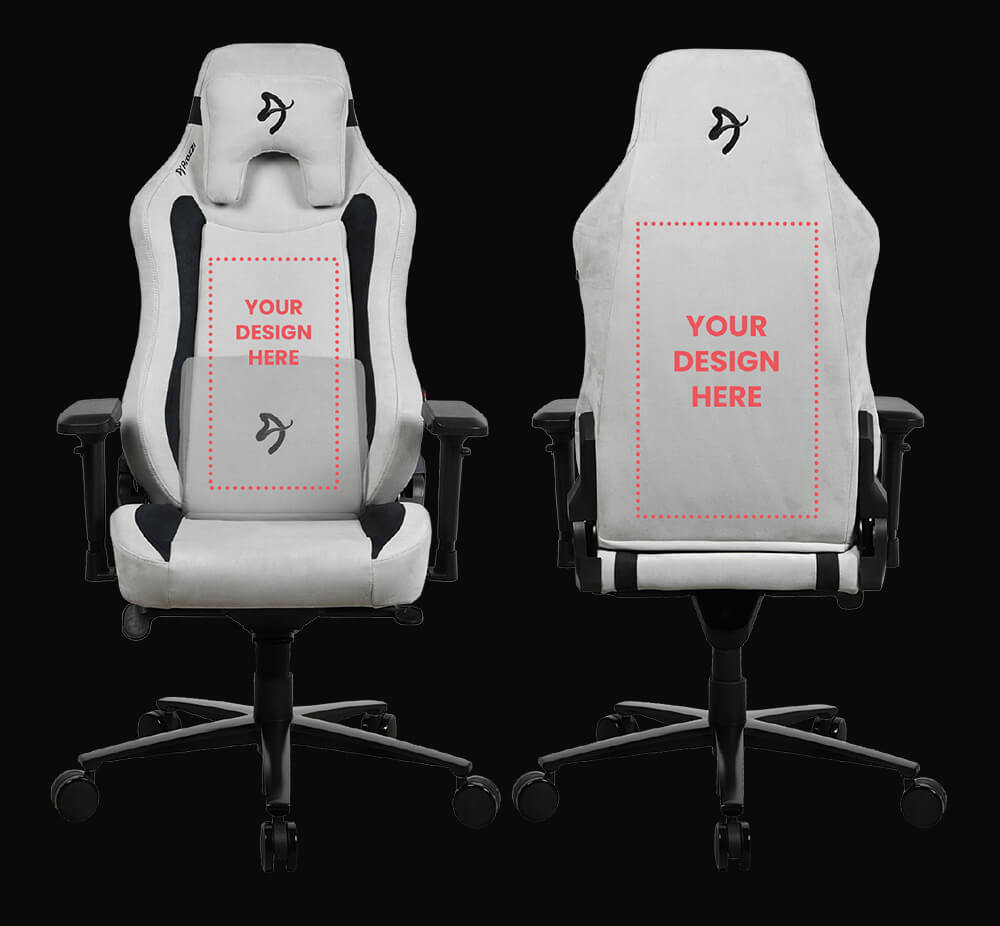 Two white gaming chairs with Your Design Here text on the backrests, front and rear views.