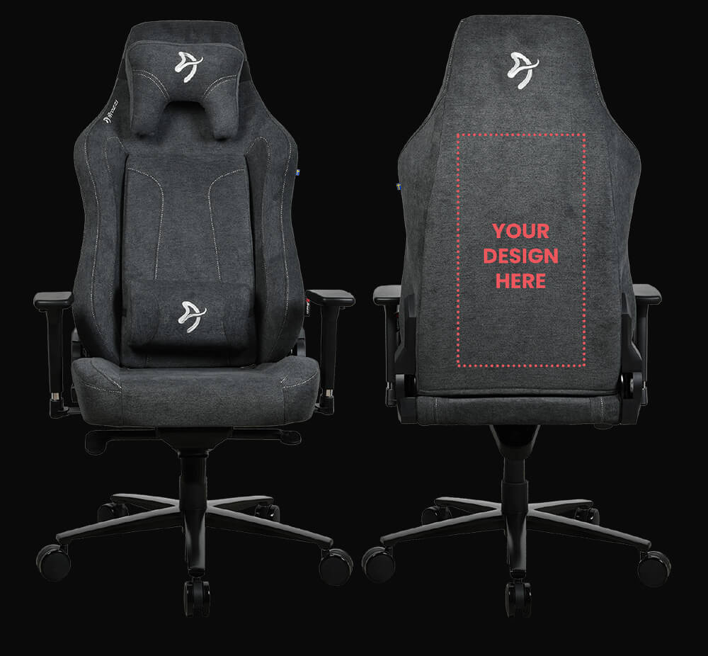 Front and back view of a black gaming chair with Your Design Here text on the back.