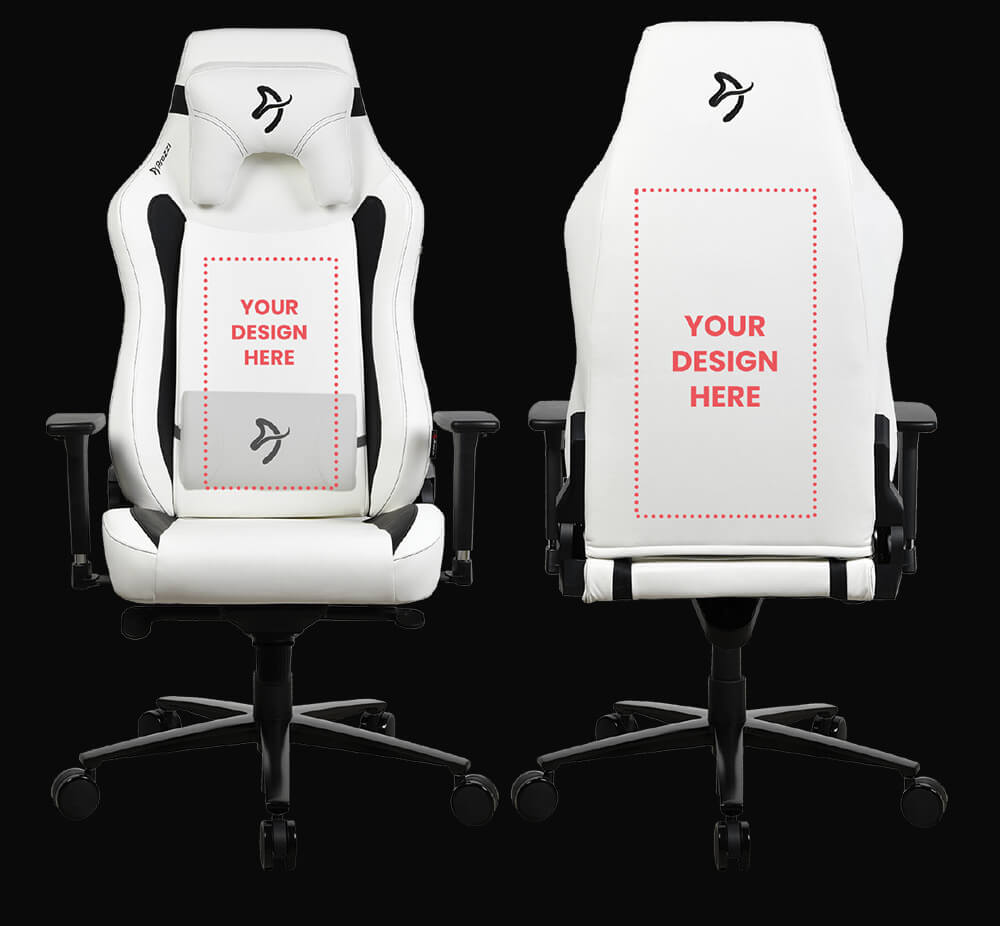 Two white gaming chairs with space for custom designs on the front and back.