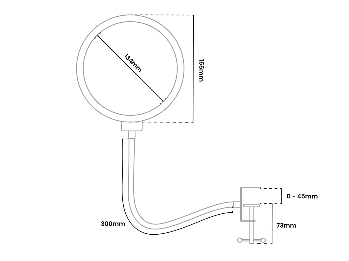 Line drawing of a ring light with labeled dimensions in millimeters.