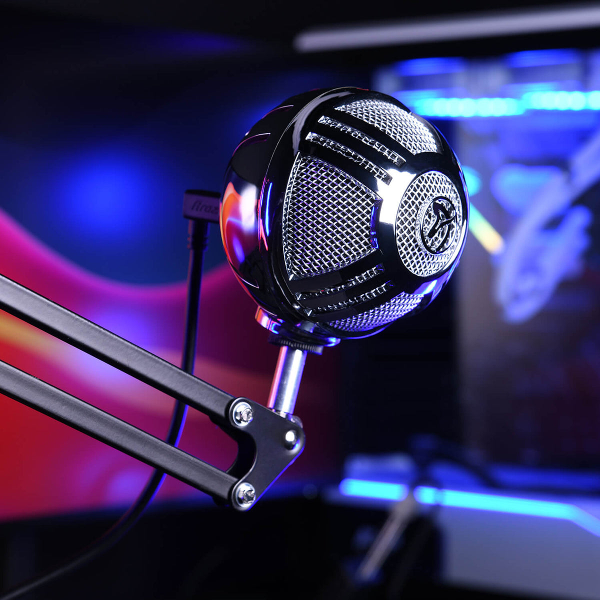 Sfera Microphone by Arozzi Europe on a boom arm, colorful lights glow in the background.