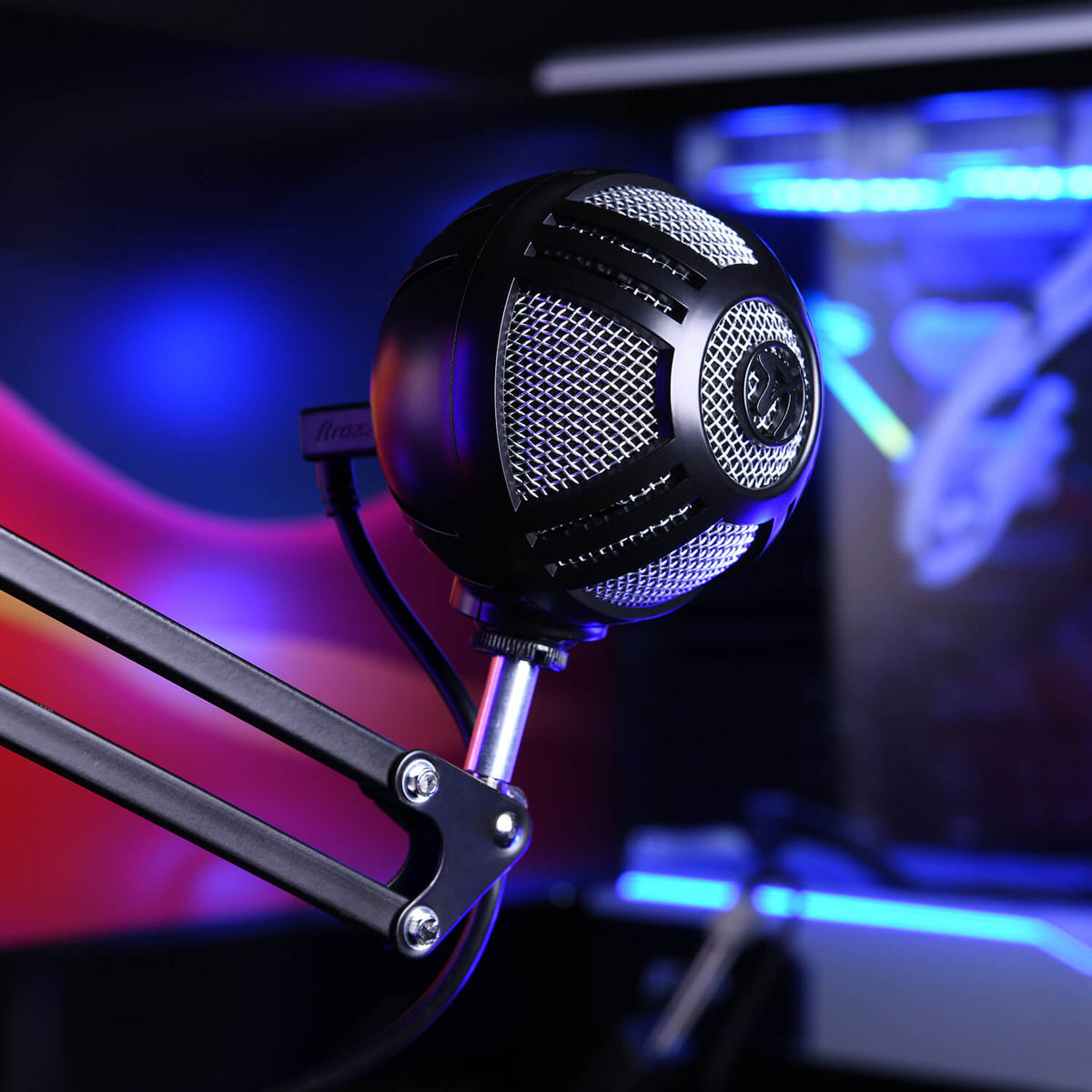 Arozzi Sfera Pro Microphone on adjustable arm with vibrant lights in the background.