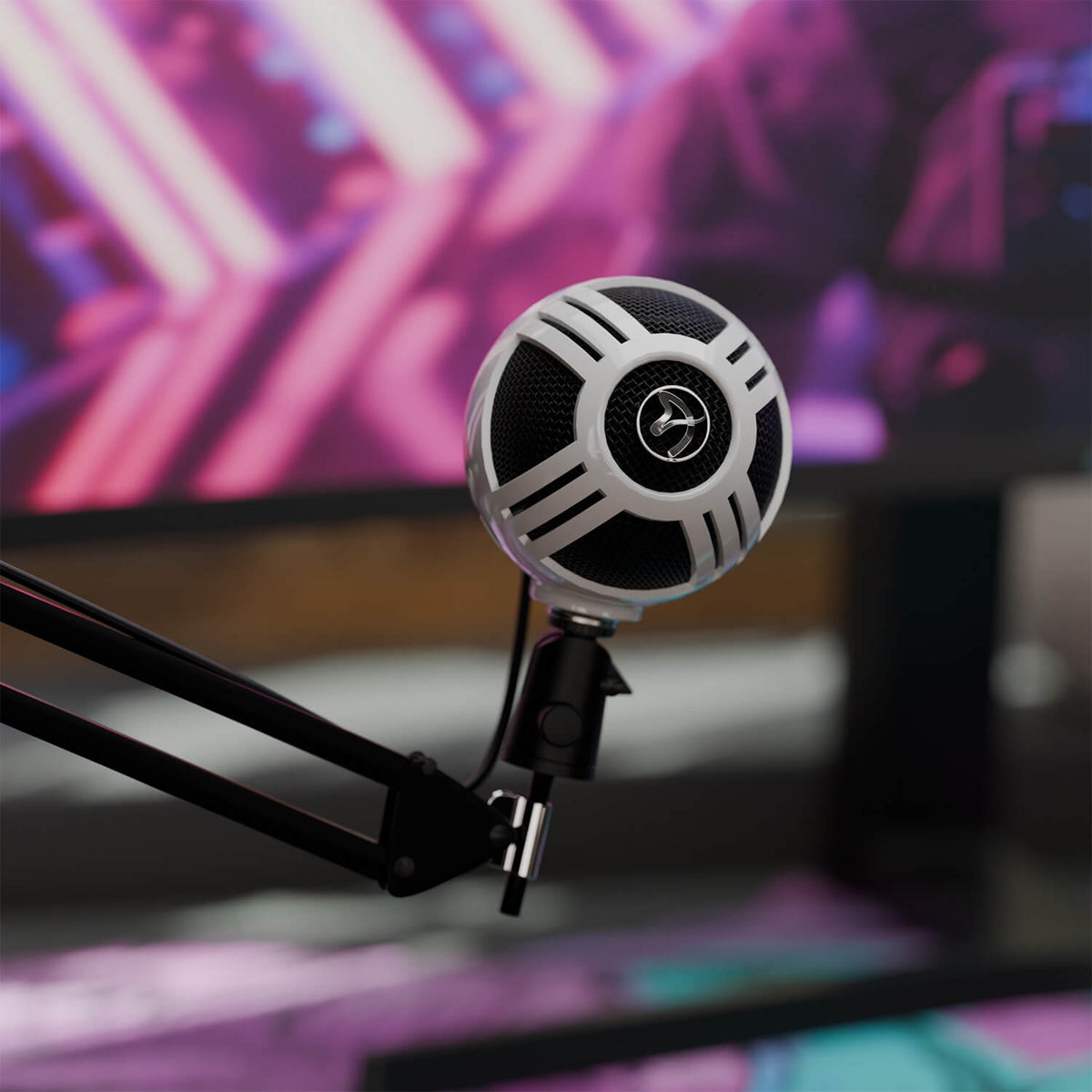 The Arozzi Europe Sfera Microphone on a boom arm pops against a colorful, blurred background.