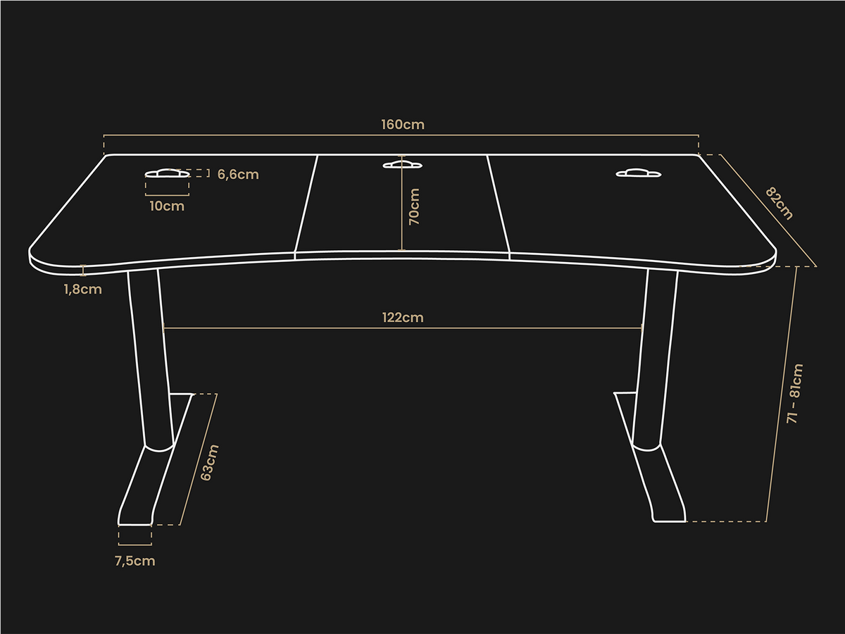 Outline of a desk with detailed measurements labeled in centimeters.