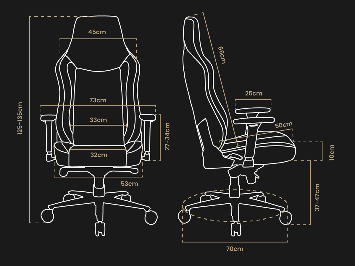 Line drawings of a chair with labeled measurements for height, width, and depth in centimeters.