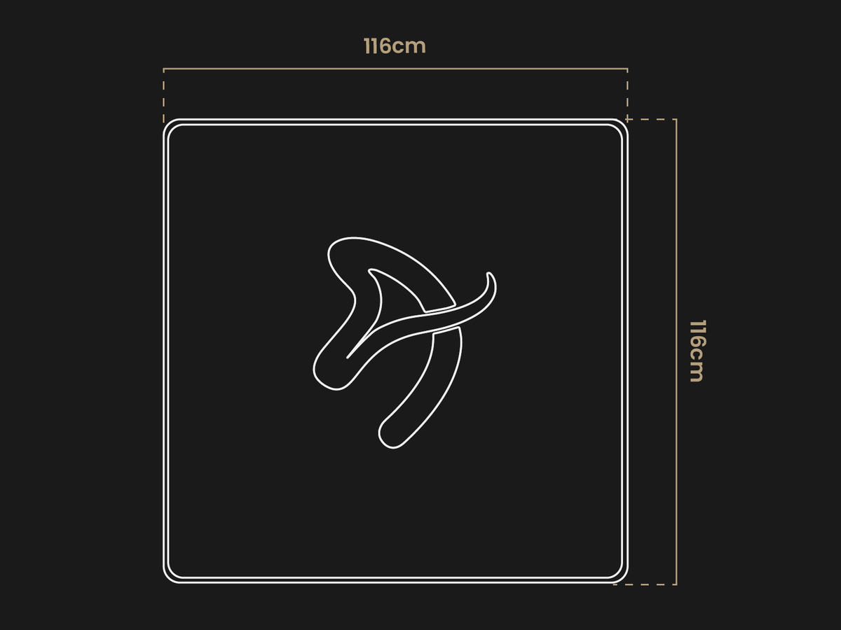 Square sign with abstract white symbol, measuring 116cm by 116cm, on a dark background.