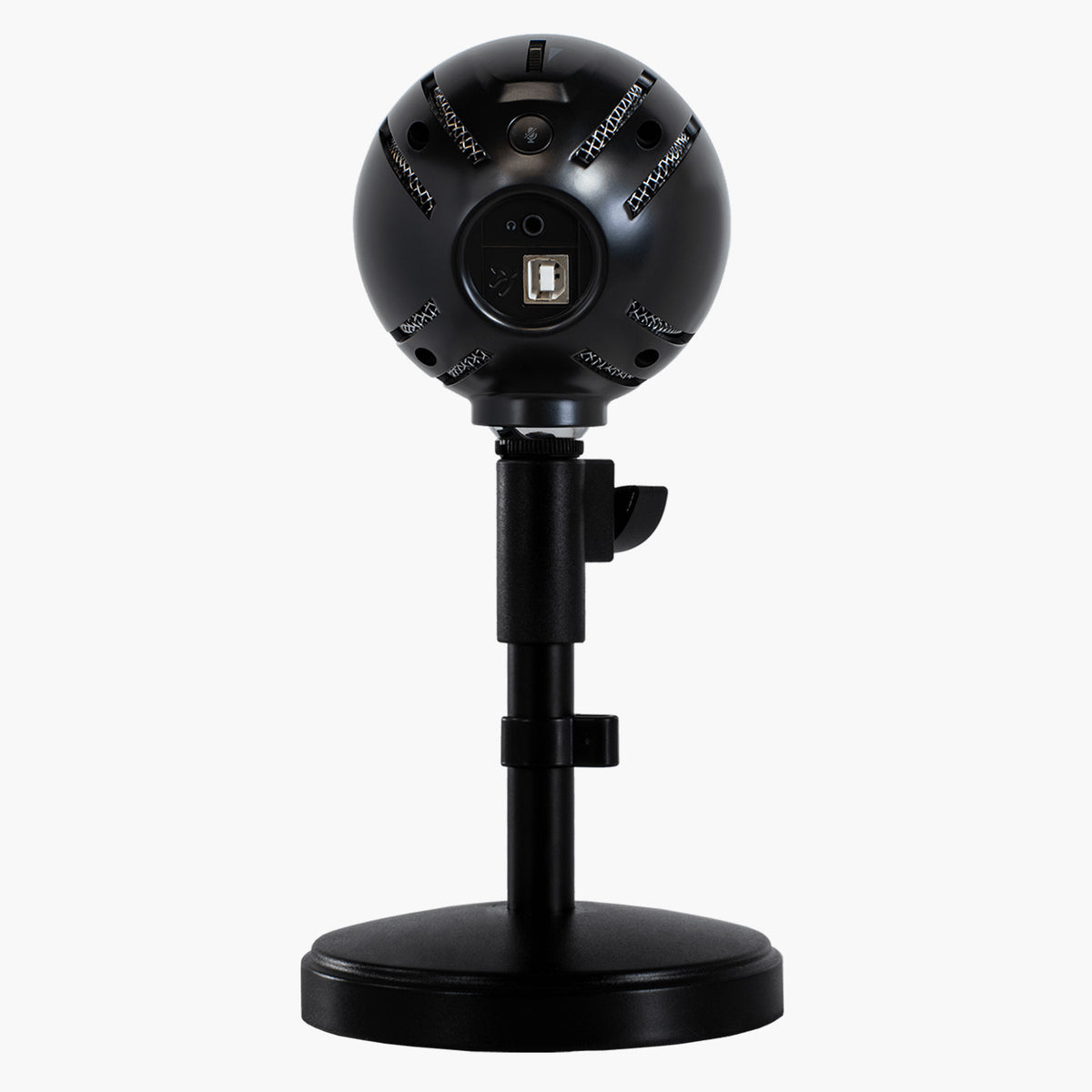 Arozzi Europe Sfera Microphone, black, on stand with rear view against white background.