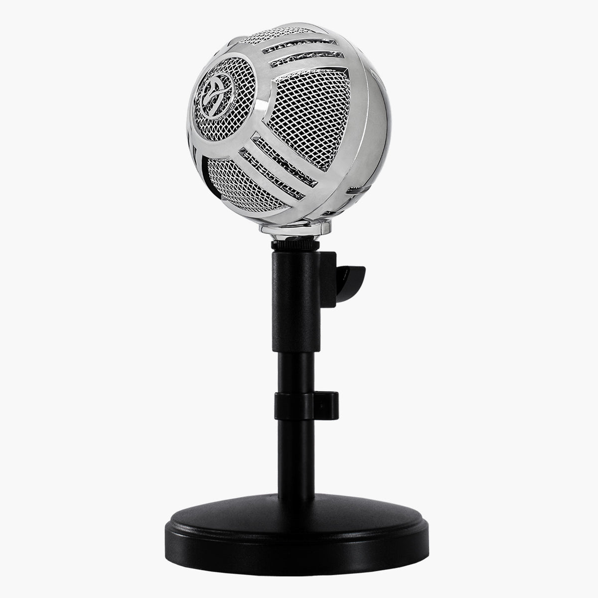Arozzi Europe Sfera Microphone, round silver, on black stand, isolated on white background.