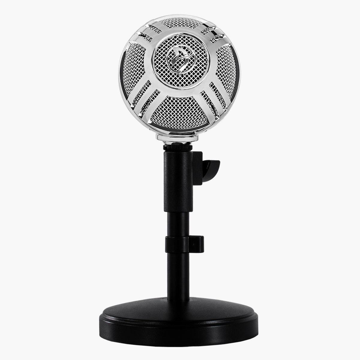 Arozzi Europe Sfera Microphone, round and silver, on black stand with white background.