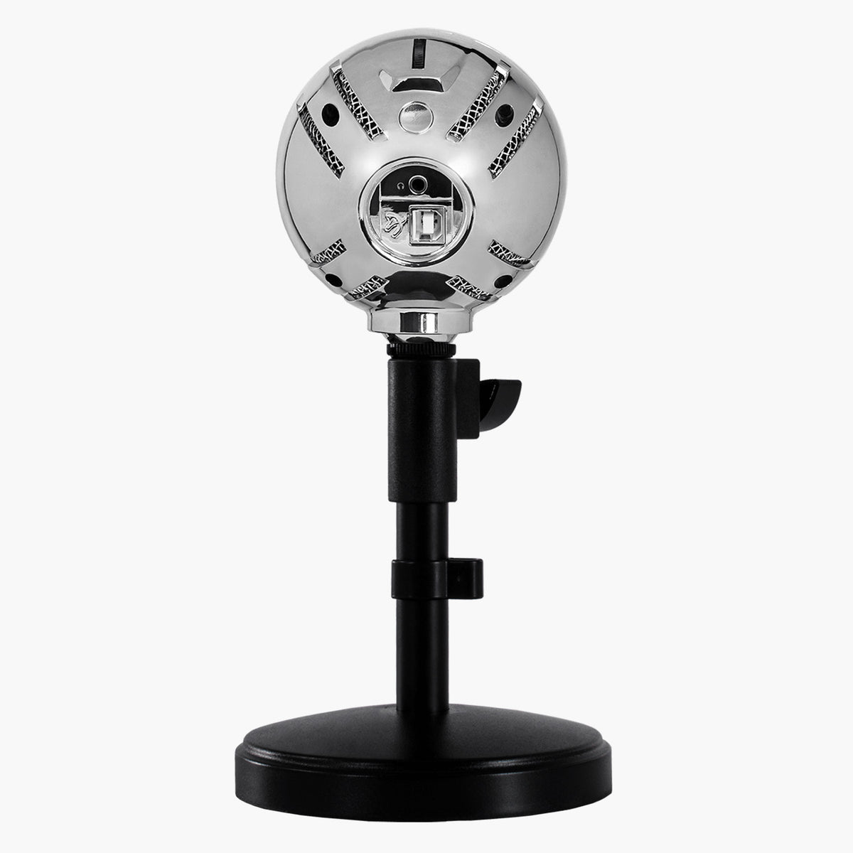 Arozzi Europe Sfera Microphone in silver on black stand, front view, white background.