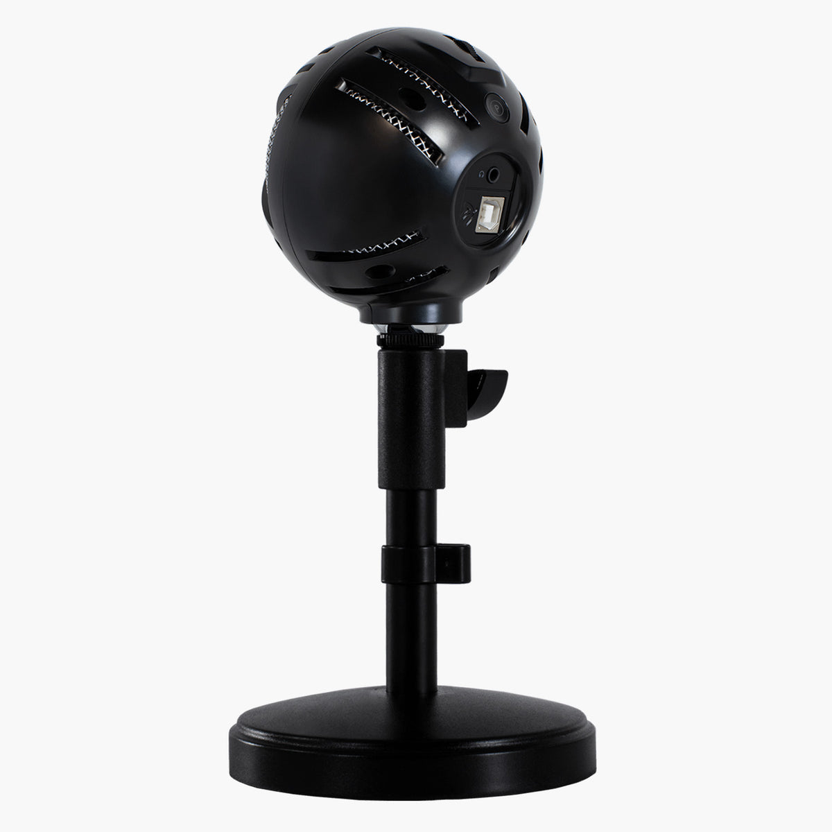 Arozzi Europe Sfera Pro black USB mic on stand, side view, white background.