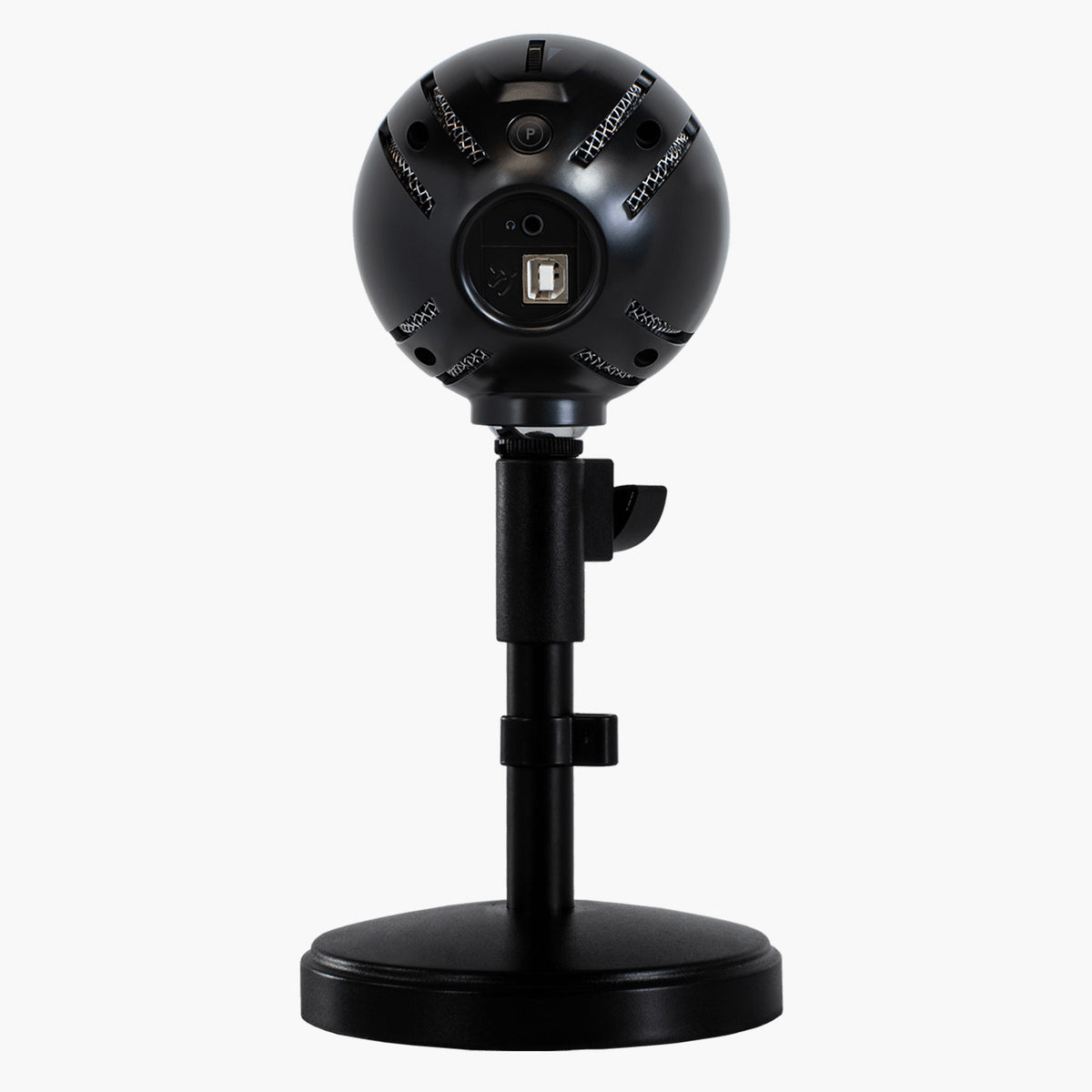 Arozzi Europe Sfera Pro Microphone, black, spherical design on stand, shown from rear on white.