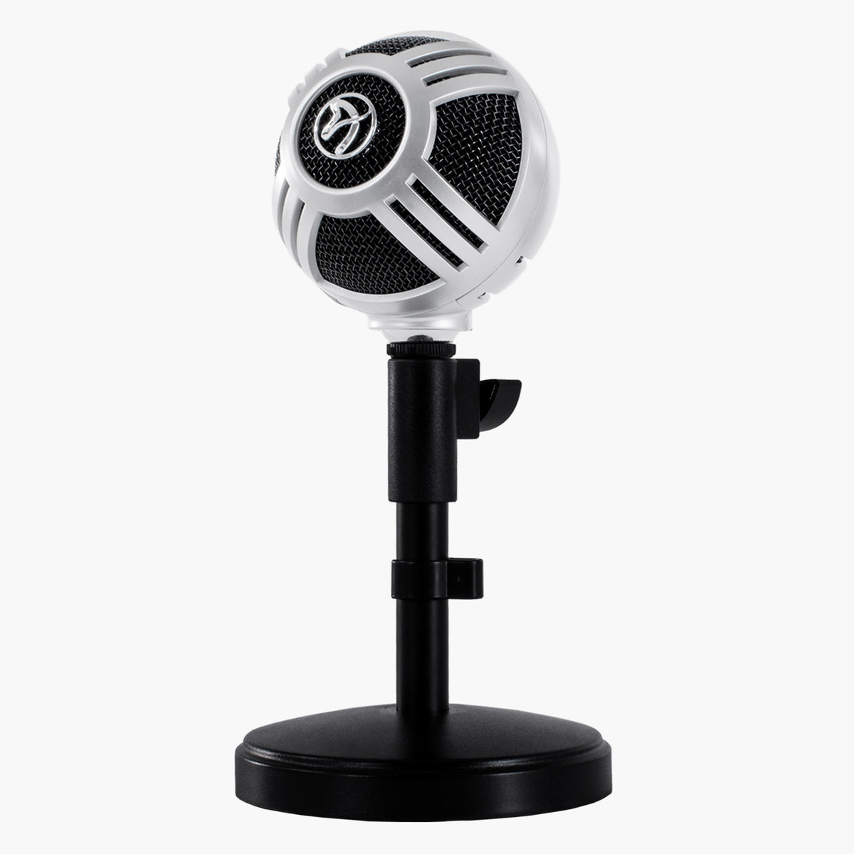 Arozzi Sfera Pro USB mic on black stand, isolated on white background.