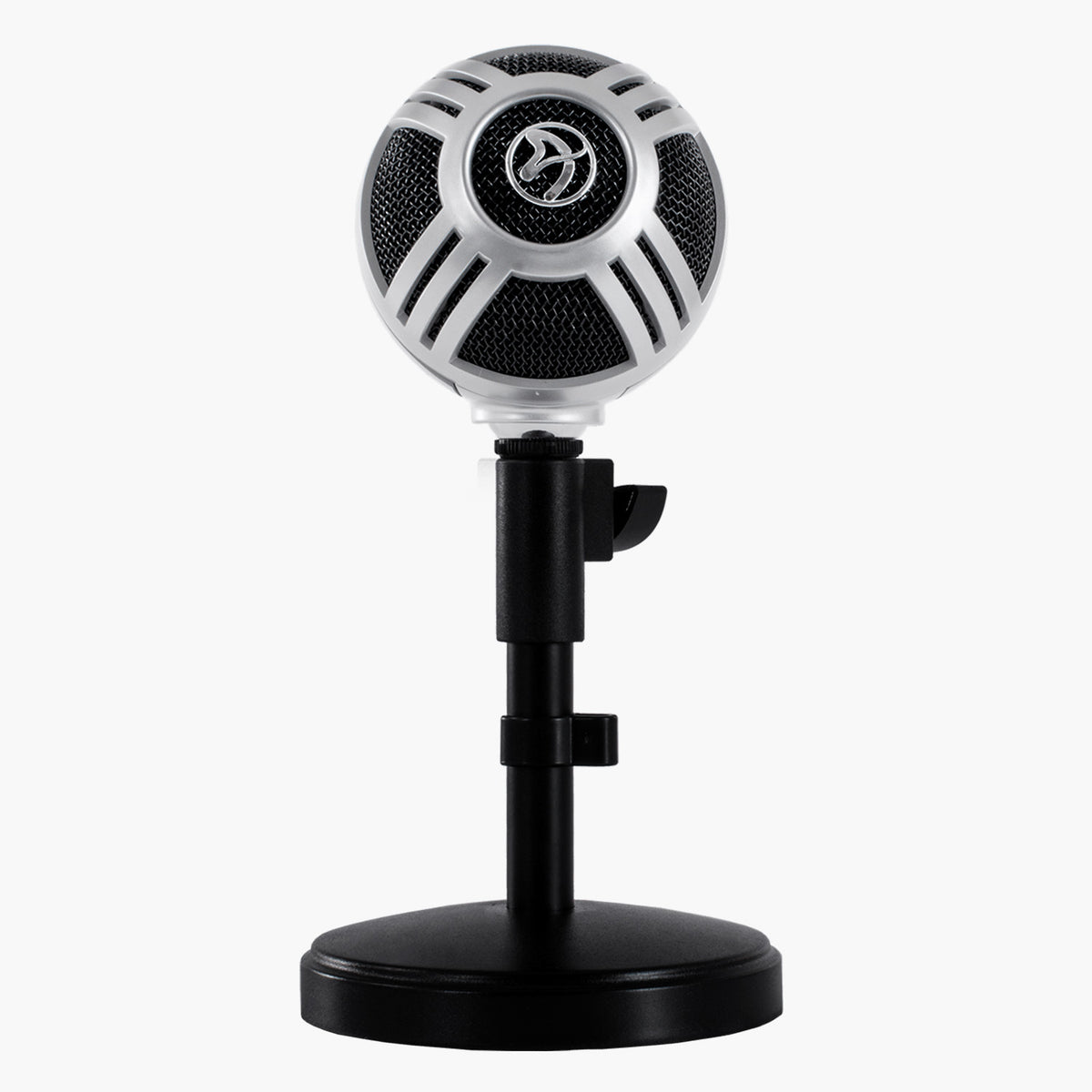 Arozzi Europe Sfera Pro microphone with round USB design on black stand, plain white background.