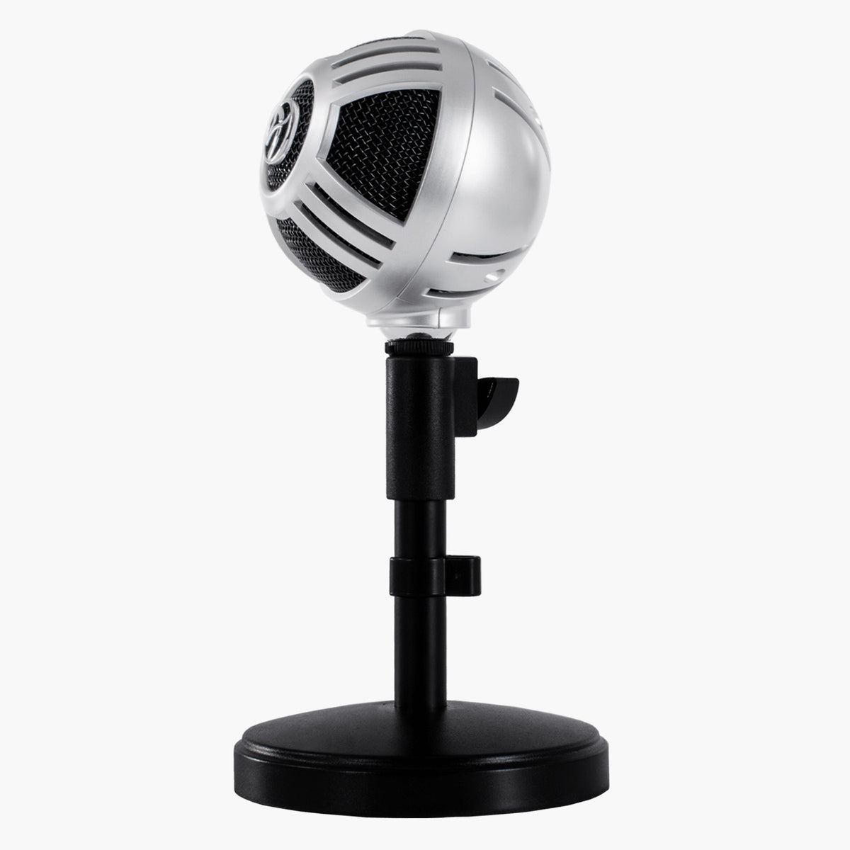 Arozzi Europe Sfera Pro silver USB mic on black stand, shown against plain white background.