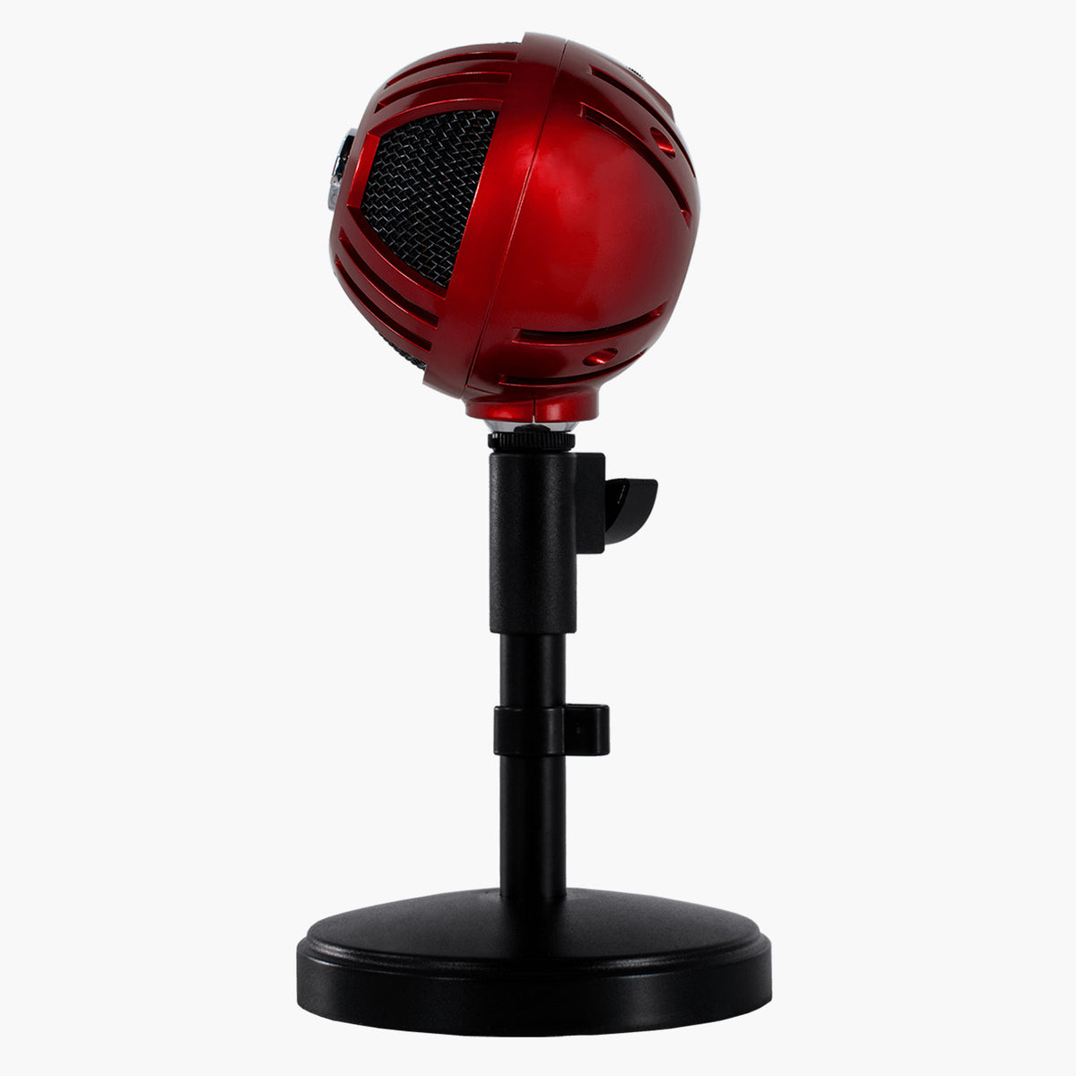 Sfera Microphone by Arozzi Europe, red, on black stand, side view, plain white background.
