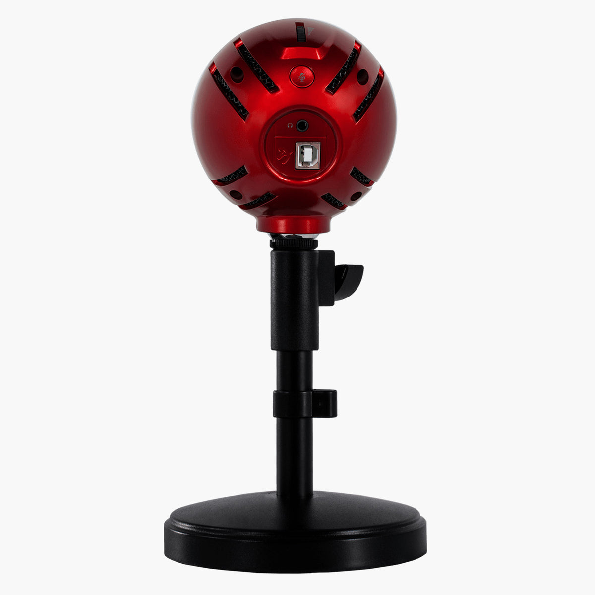 Arozzi Europe Sfera Microphone, red, on black stand, rear view against white background.