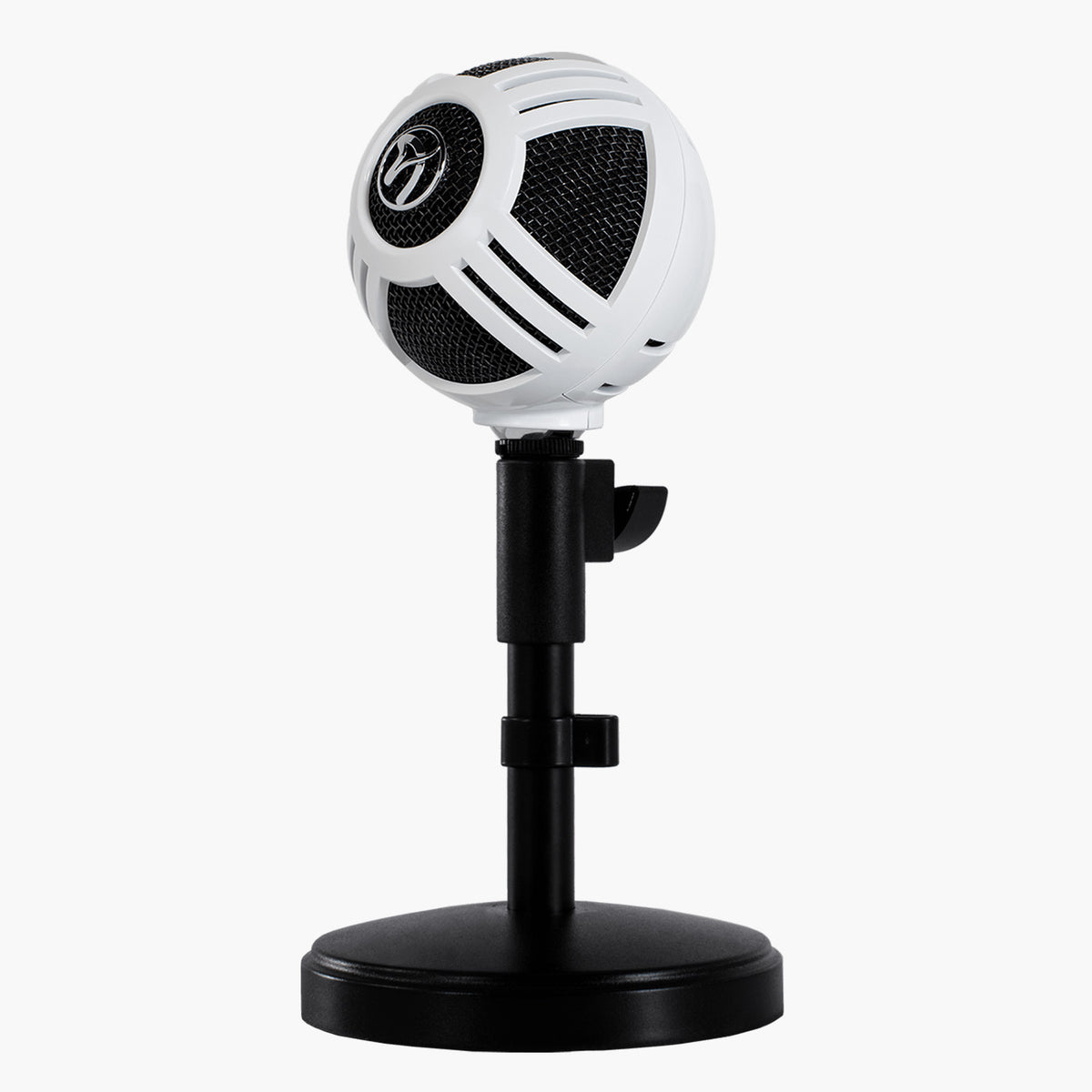 Arozzi Europe Sfera Microphone: white USB mic on black stand, isolated on white background.