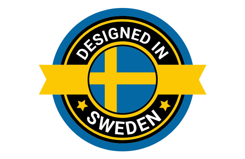 Badge with Sweden flag, text Designed in Sweden, yellow ribbon, blue and black circle.