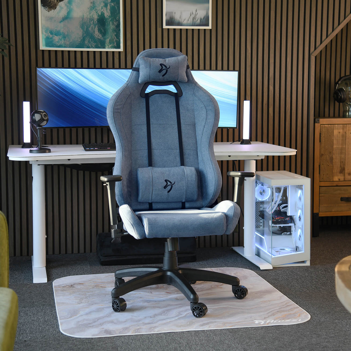 Arozzi Europe Torretta Soft Fabric chair with lumbar support at a dual monitor desk, white PC.