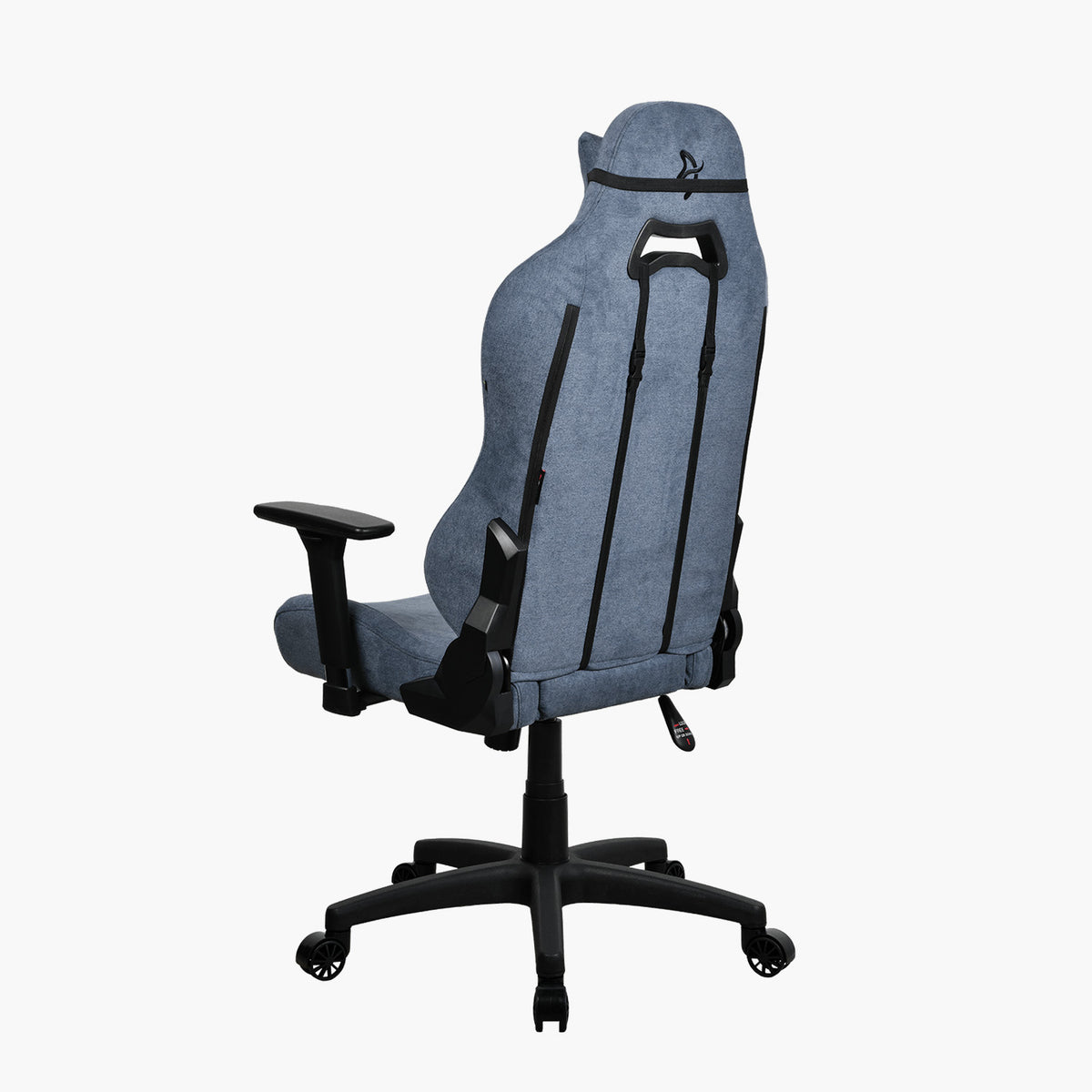 Arozzi Europe Torretta Soft Fabric chair, blue, lumbar support, black arms, wheeled base, rear view.