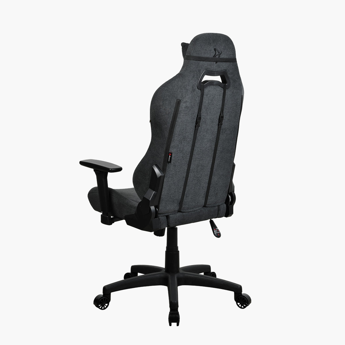 Arozzi Torretta Soft Fabric chair, gray/black, lumbar support, wheeled base, rear view.