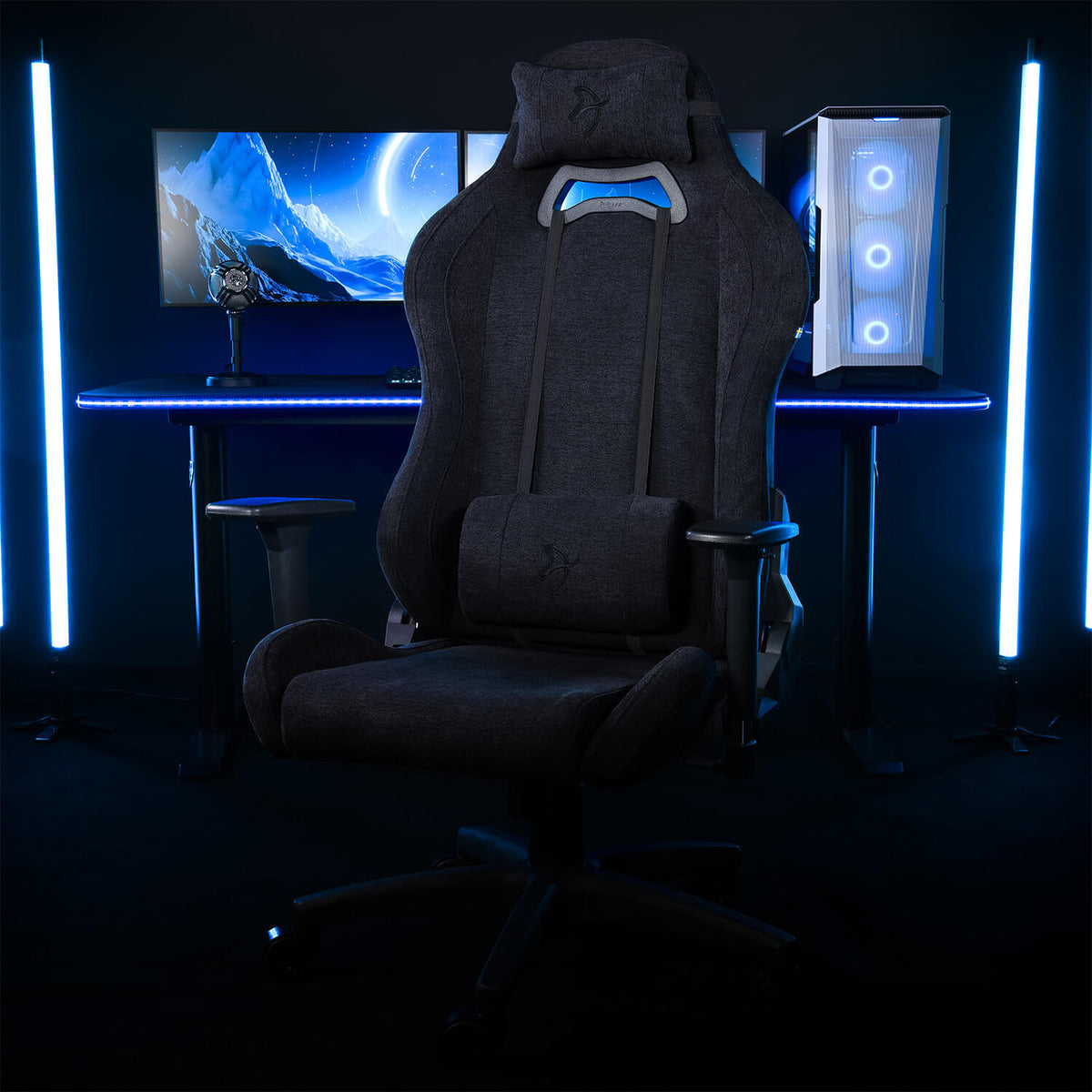 Torretta Soft Fabric by Arozzi Europe at a dual-monitor desk with blue LED & lumbar support.