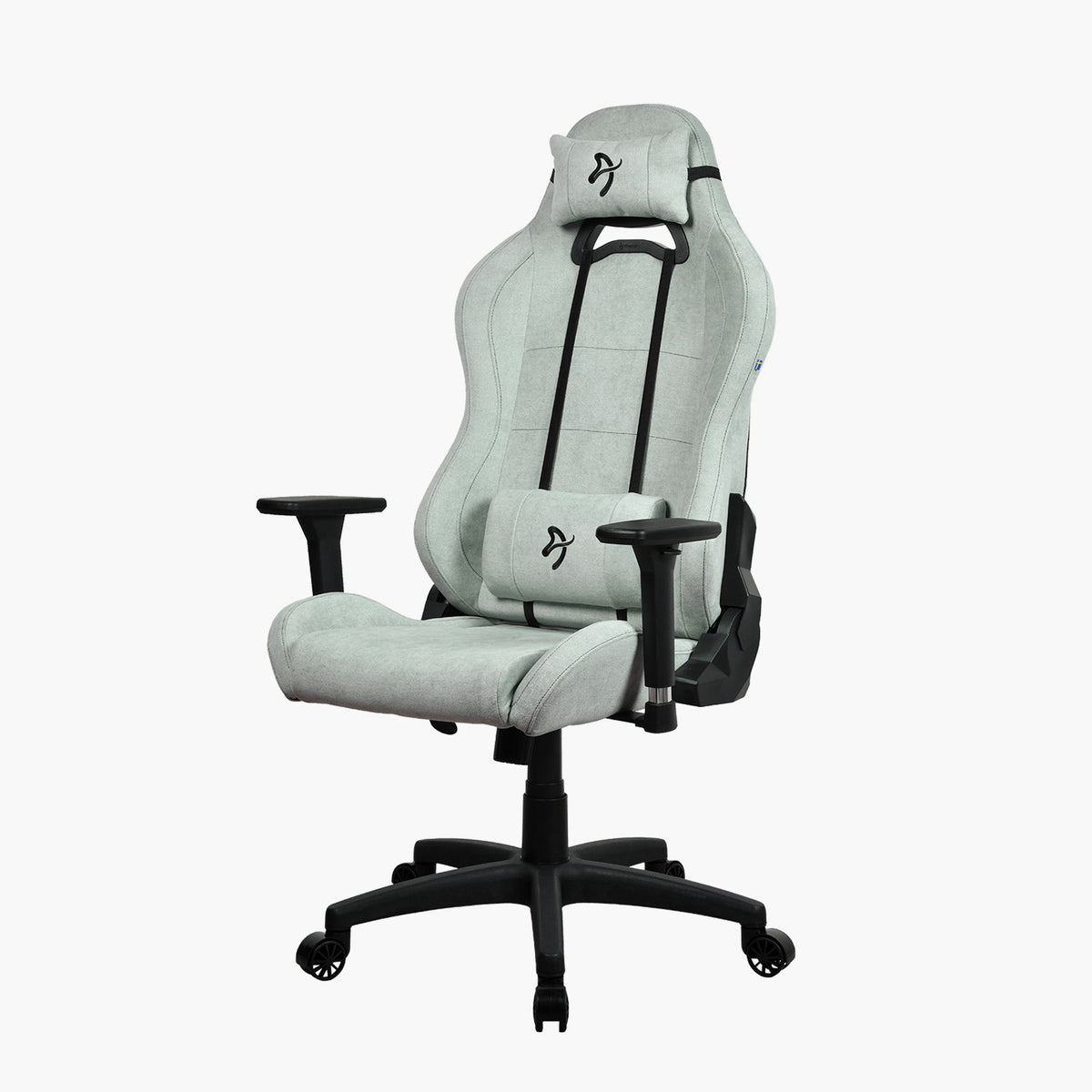 Arozzi Torretta Soft Fabric chair: gray, ergonomic, headrest, lumbar support, black wheeled base.