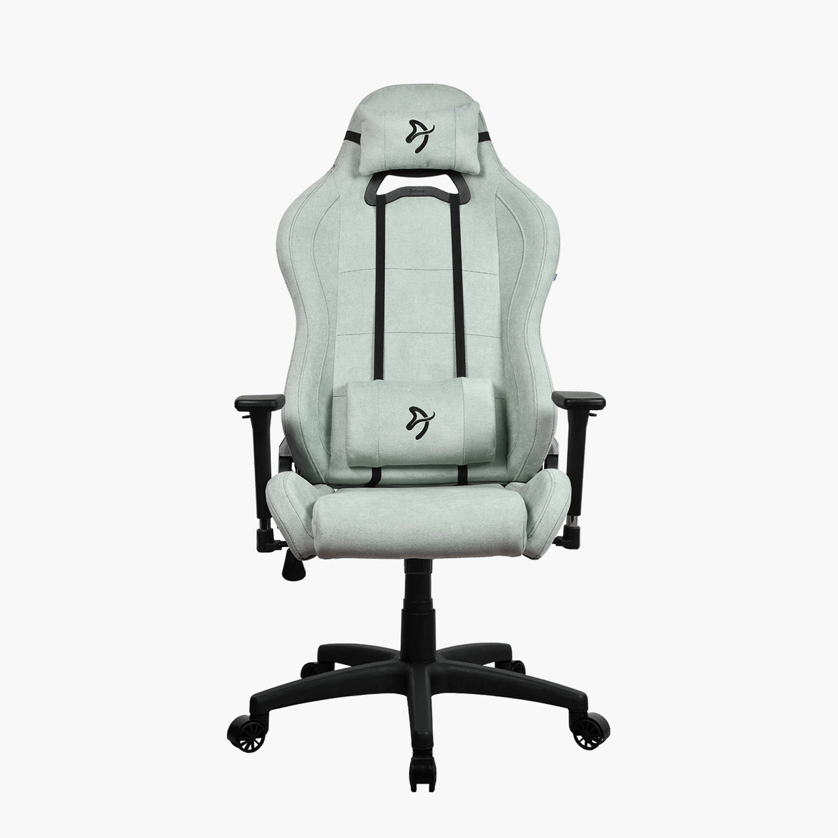Arozzi Europe Torretta Soft Fabric light gray chair with black arms, lumbar support, white backdrop.