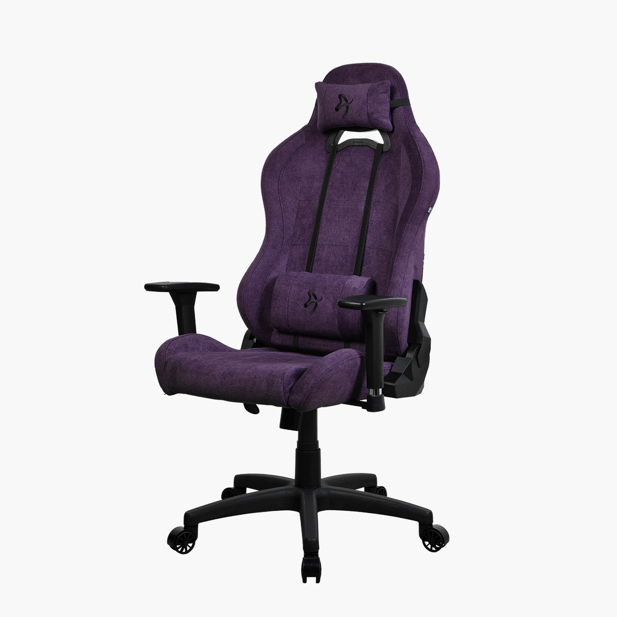 Arozzi Europe Torretta Soft Fabric ergonomic gaming chair, purple, with headrest & lumbar support.