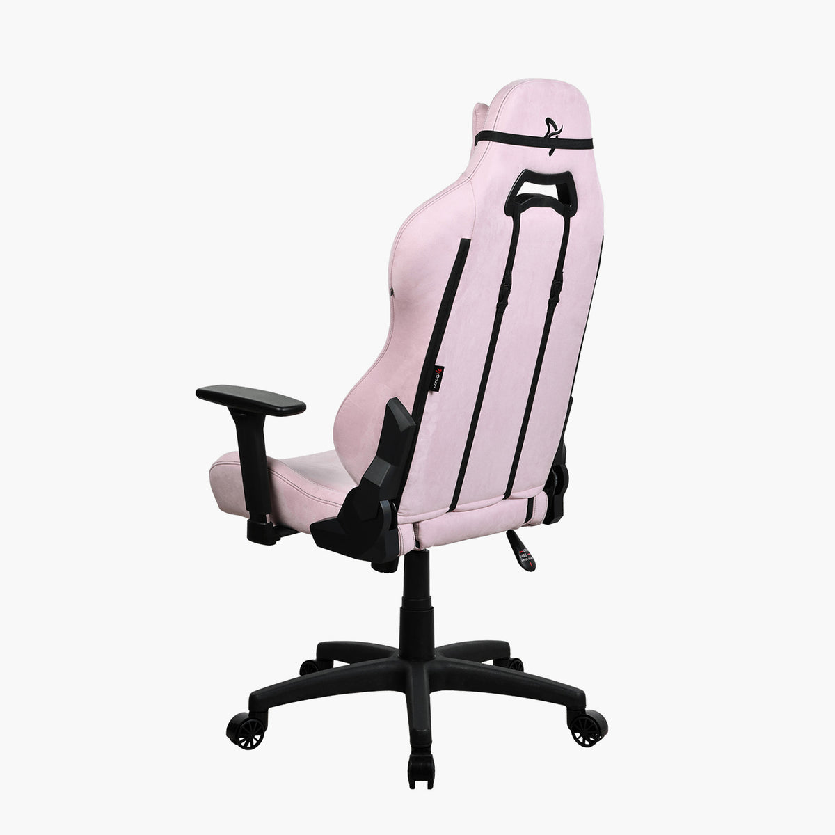 Arozzi Europe Torretta Supersoft chair in pink, black arms/base, rear view.