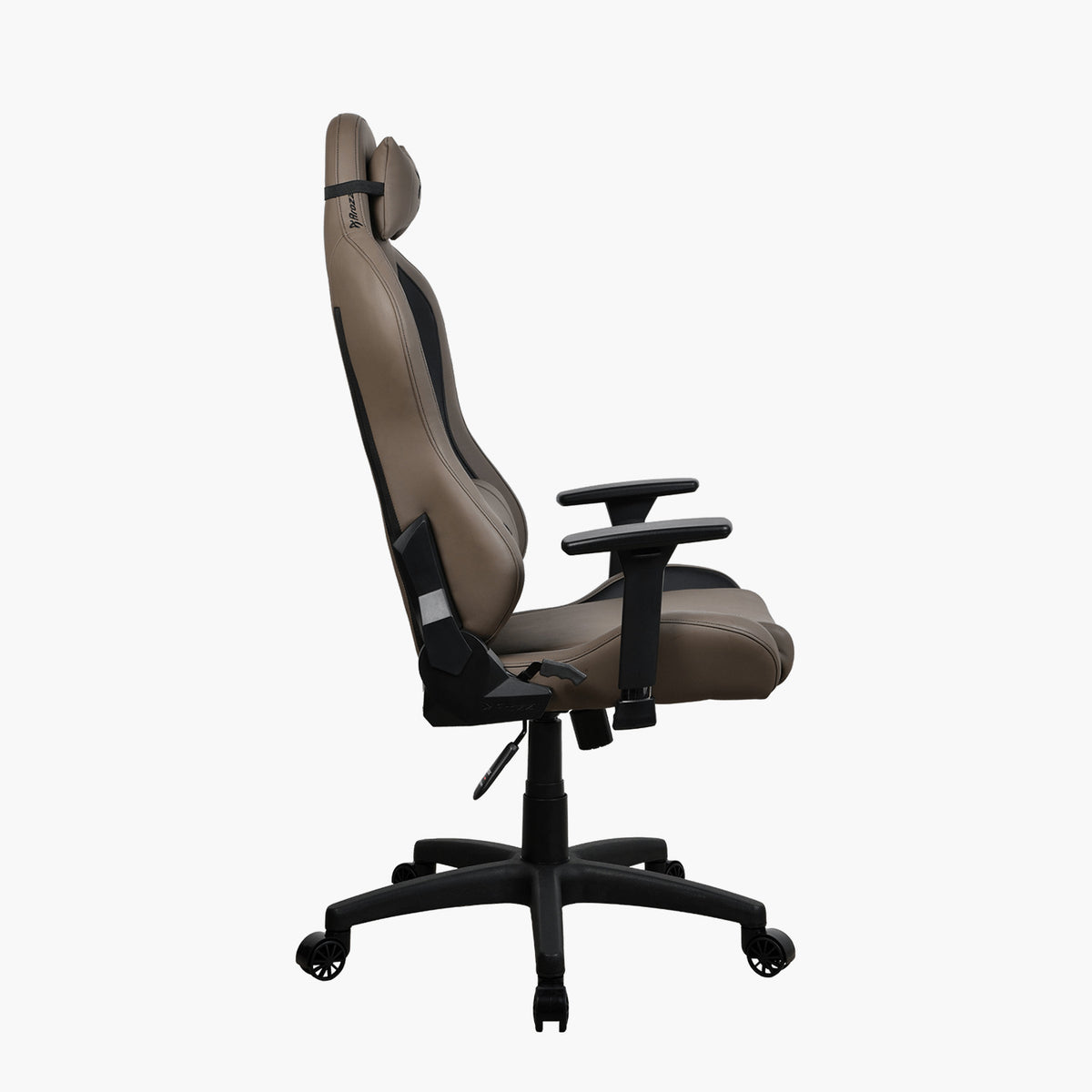 Side view of Arozzi Europe Torretta SoftPU brown ergonomic chair with armrests, headrest, wheels.