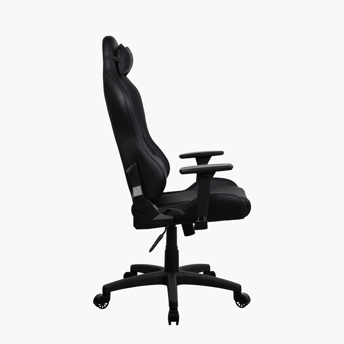 Side view of Torretta SoftPU by Arozzi Europe: black, lumbar support, adjustable arms, wheels.