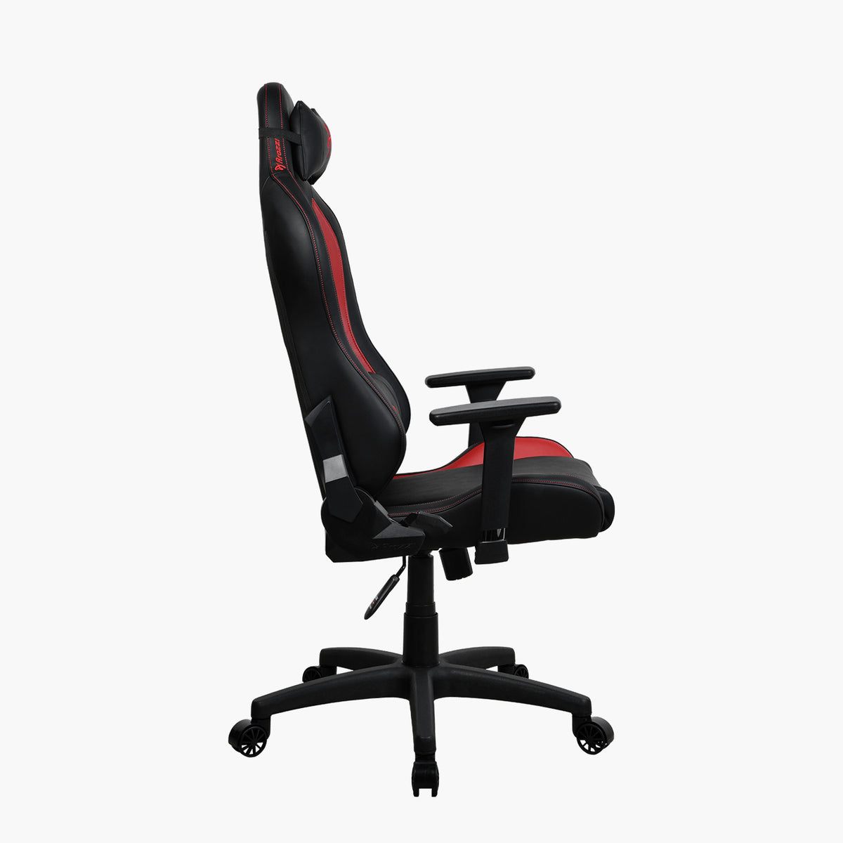 Arozzi Europe Torretta SoftPU chair, black/red, synthetic leather, adjustable armrests, side view.