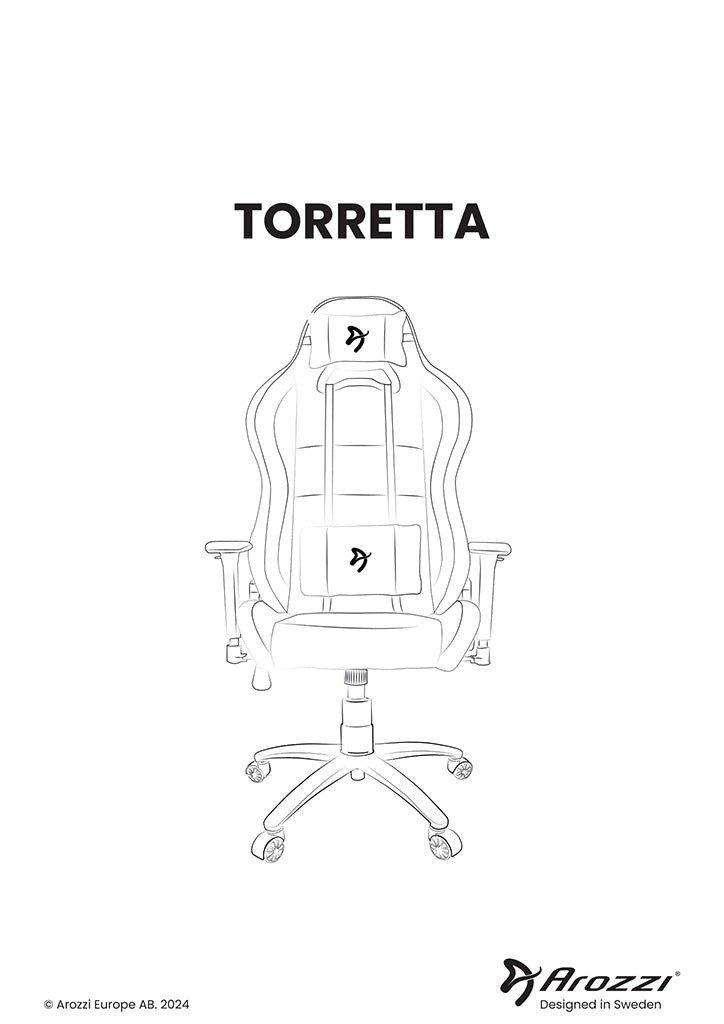 Line art of a gaming chair with TORRETTA and Arozzi logos, front view.