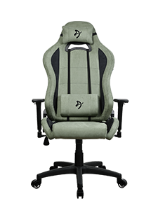 Green and black ergonomic gaming chair with headrest and adjustable armrests on wheels.
