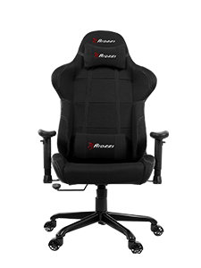 Black ergonomic gaming chair with adjustable armrests and headrest on a wheeled base.