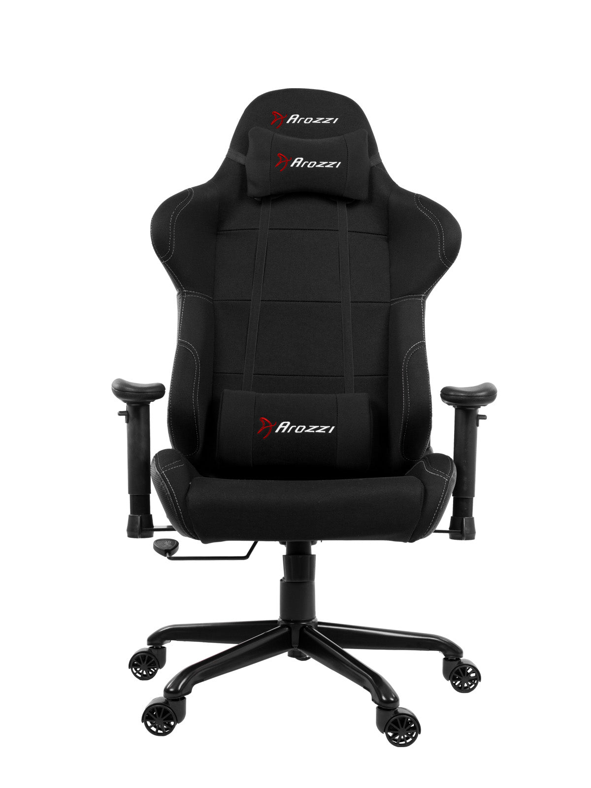 Arozzi gaming chair, black, with adjustable armrests, lumbar and neck pillows, and rolling base.