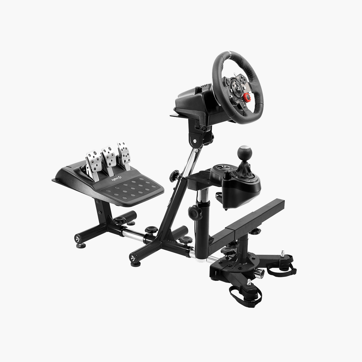 Arozzi Velocità Racing Simulator Stand with wheel, pedals, shifter, and metal frame.