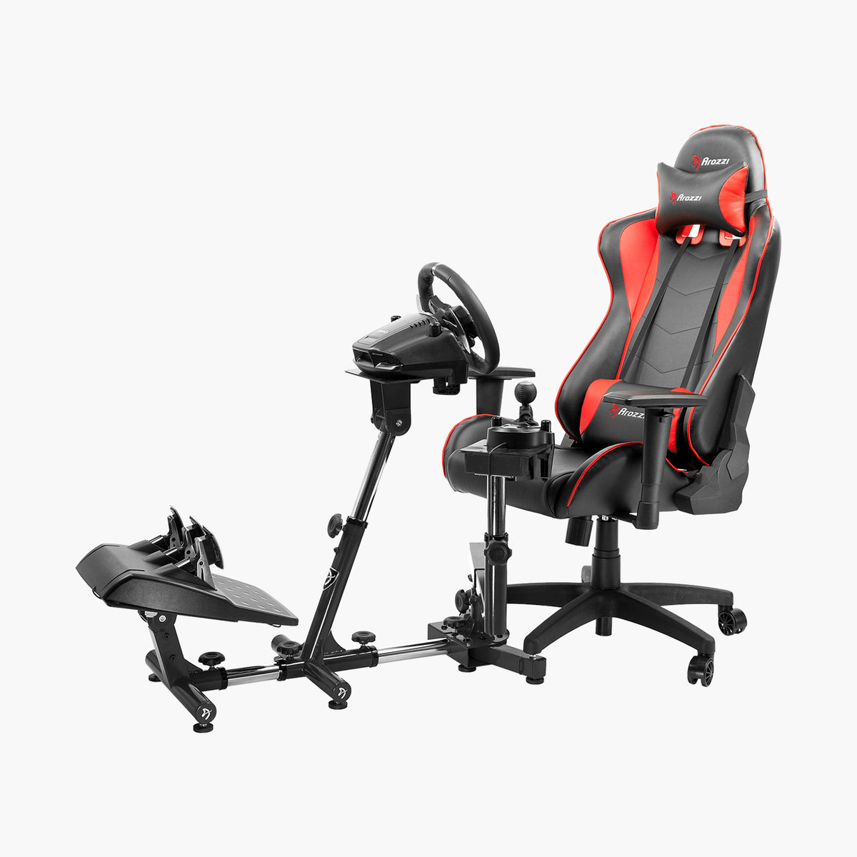 Arozzi Europe Velocità Racing Simulator Stand with black/red gaming chair and wheel mount.